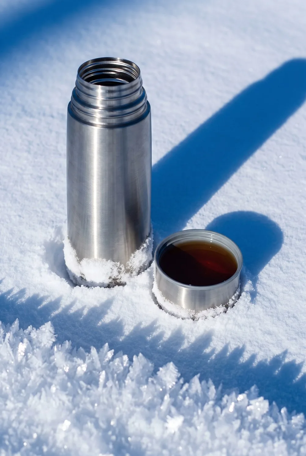 A brushed steel vacuum flask standing in deep snow with its cup unscrewed beside it, the cup filled to the rim with dark tea, both throwing long hard blue shadows across the snow under a low winter sun.
