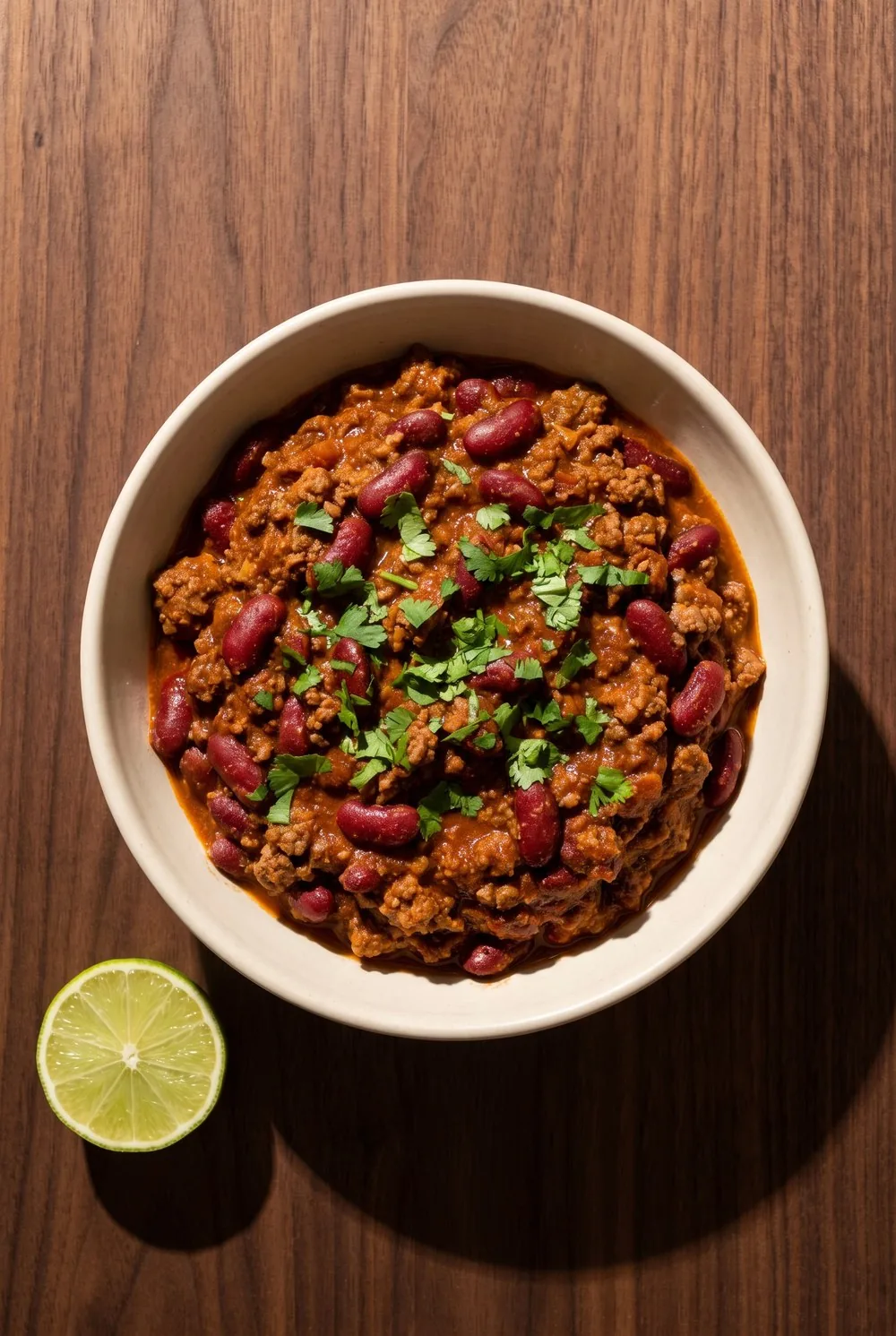 An overhead view of a wide bowl heaped with thick beef chili, kidney beans and ground beef packed densely, chopped cilantro scattered over, a lime half beside it on dark walnut.