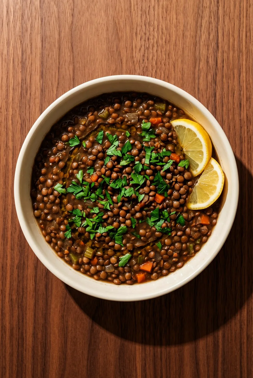 An overhead view of a wide bowl of brothy brown lentil soup with whole lentils holding their shape, a swirl of olive oil and chopped parsley across the top, two lemon wedges resting on the rim, on dark walnut.
