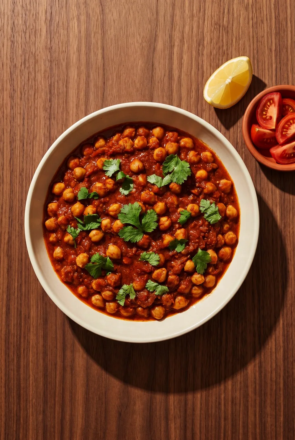 An overhead view of a wide bowl heaped with chana masala, chickpeas in a deep rust-red spiced tomato sauce with fresh cilantro over the top, a lemon wedge and a small dish of quartered tomatoes beside it on dark walnut.