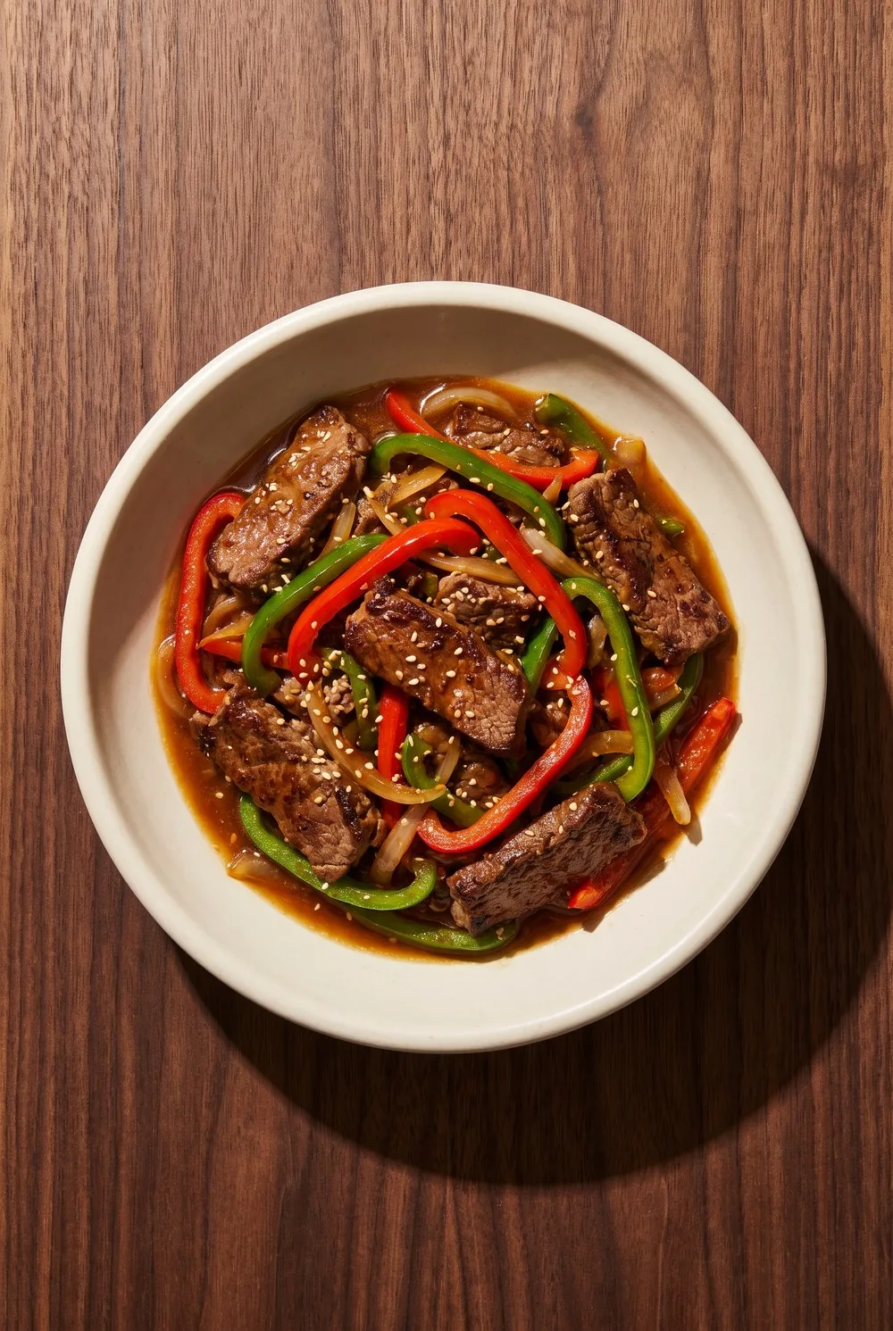 An overhead view of a wide bowl mounded with a beef and pepper stir fry, thickly sliced dark seared beef tangled with bright red and green pepper strips and onion, glossy mahogany sauce, sesame seeds scattered over, on dark walnut.