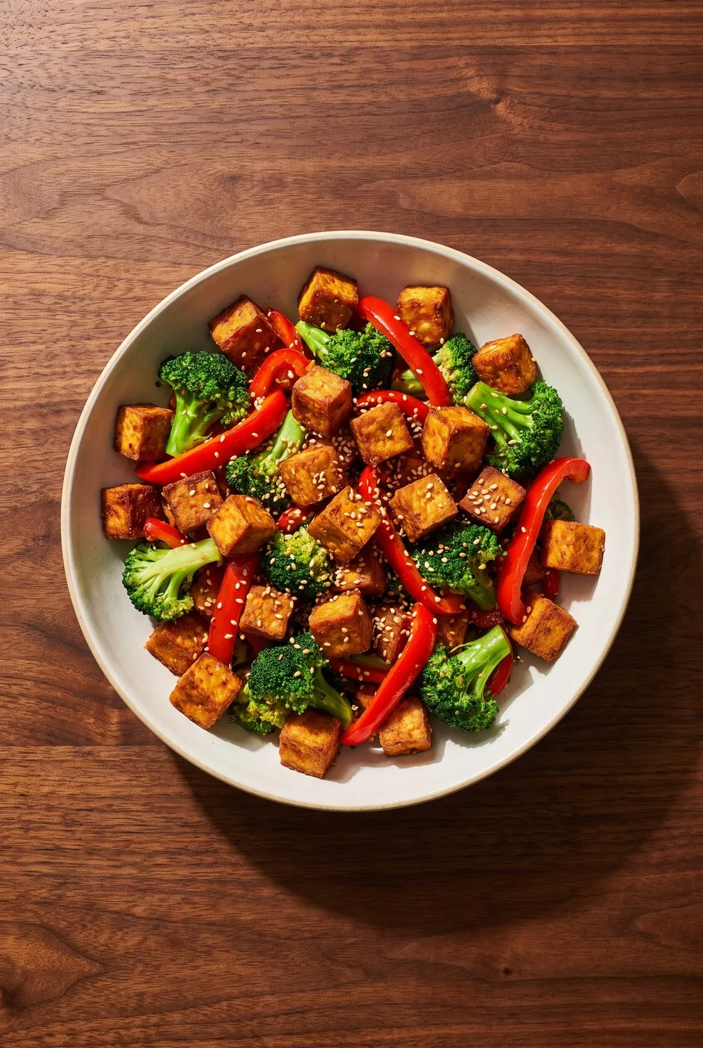 An overhead view of a wide bowl heaped with cubes of deeply golden crisp-fried tofu, bright green broccoli florets and strips of red pepper, sesame seeds scattered over, on dark walnut.