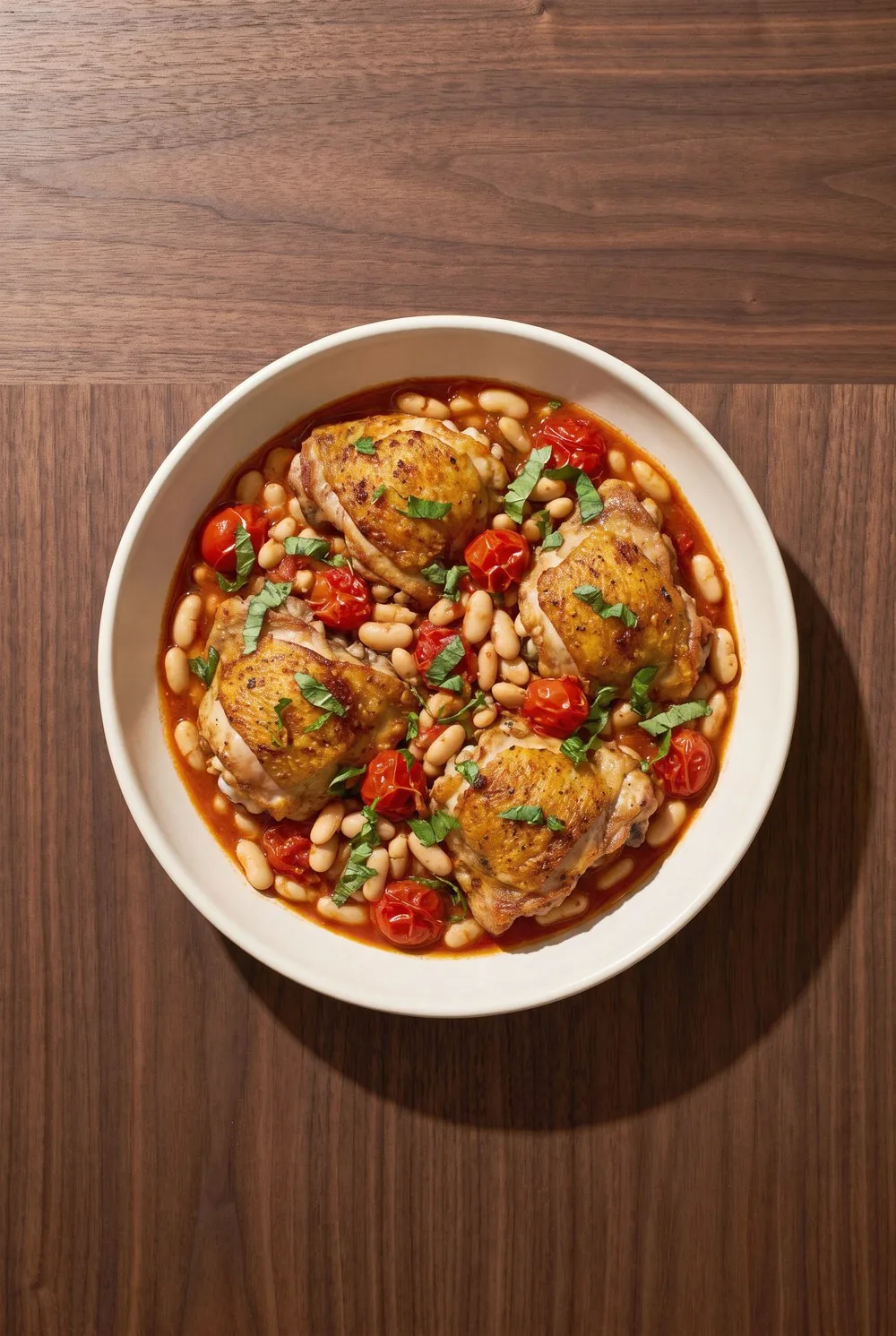 An overhead view of a wide cream bowl filled with browned bone-in chicken thighs, creamy white beans and burst cherry tomatoes in a deep red sauce, torn green herbs over the top, on dark walnut.