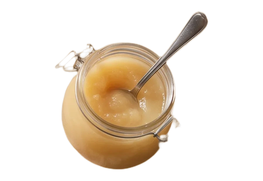 An open jar of applesauce with a spoon in it.