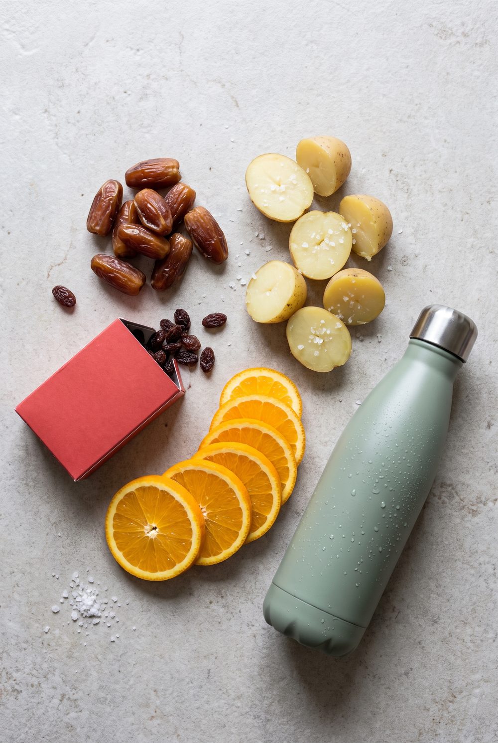A runner's flat lay on pale stone in morning light: a small pile of dates, a little red box of raisins, halved boiled baby potatoes with flaky salt, and fresh orange slices beside a steel water bottle with condensation.