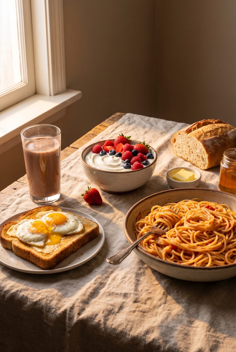 A warm recovery table in golden light: a tall glass of chocolate milk, eggs on buttered toast, a bowl of Greek yogurt piled with berries, a large serving bowl of pasta heaped generously, a crusty loaf, a small dish of butter and a jar of honey, crowded together on a linen cloth.