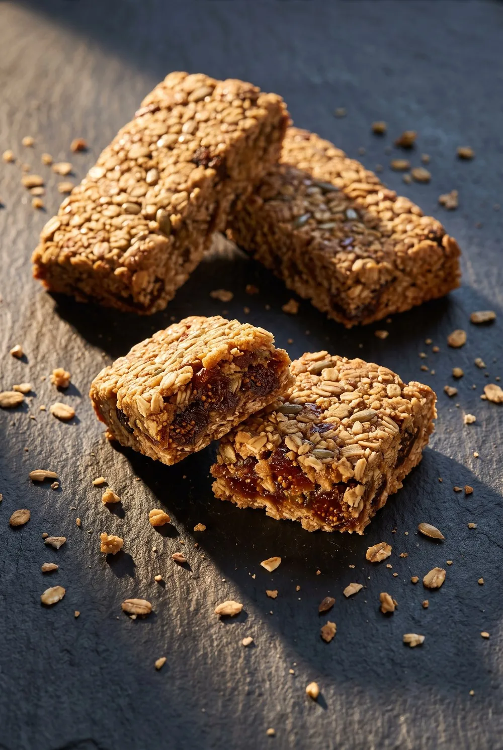 Three soft oat and fruit bars on a dark slate surface under hard raking light, one snapped in two with the dense fruit filling and oat cross section facing the camera, the others leaning together behind it, every oat catching an edge of light and throwing a long shadow.