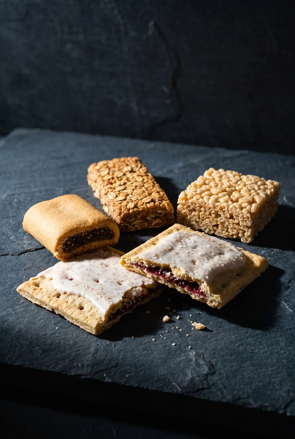 Four unwrapped packaged foods grouped on dark slate under hard raking light: a frosted rectangular toaster pastry broken open to show its berry filling, a fig bar, an oat granola bar and a crisped rice square, the slate falling to near black at the edges.