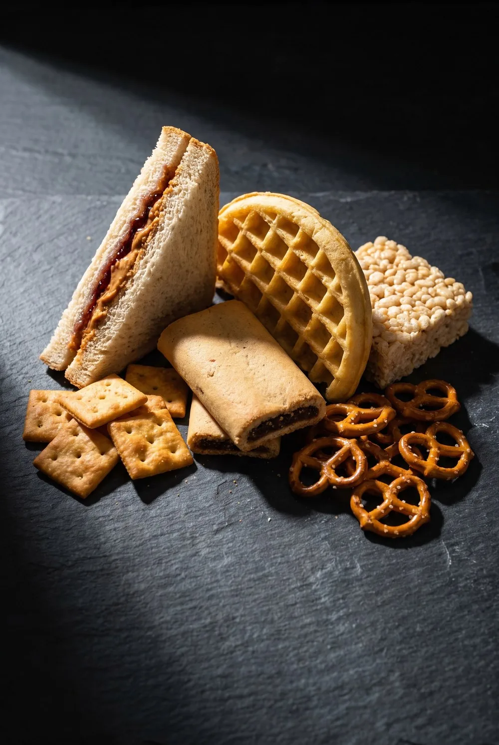 Six unwrapped packaged foods leaning together on dark slate under hard raking light: a crustless peanut butter and jelly sandwich, square crackers, a fig bar, a toaster waffle, a crisped rice square and a pile of pretzels, one broken open to show its cross section.