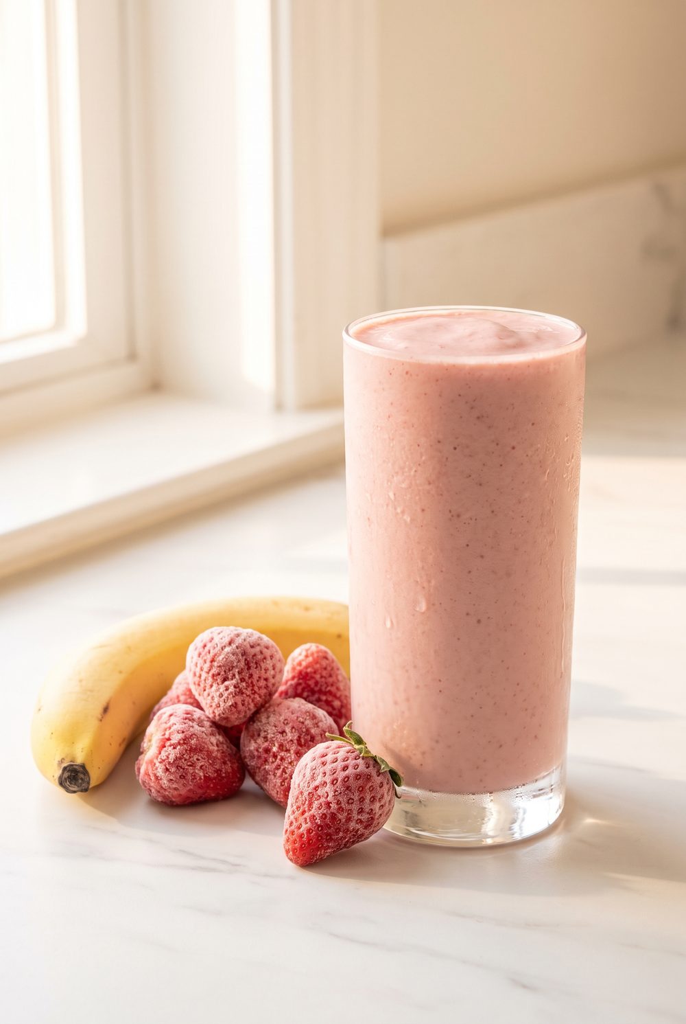 A tall glass of pale pink strawberry banana smoothie on a white marble counter, frozen strawberries and a whole banana beside it, condensation running down the glass, soft morning light from one side.
