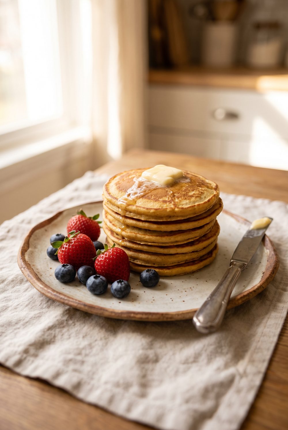 Golden chickpea pancakes stacked on a rustic ceramic plate, a pat of butter melting on top, fresh strawberries and blueberries scattered beside them, on rumpled linen.