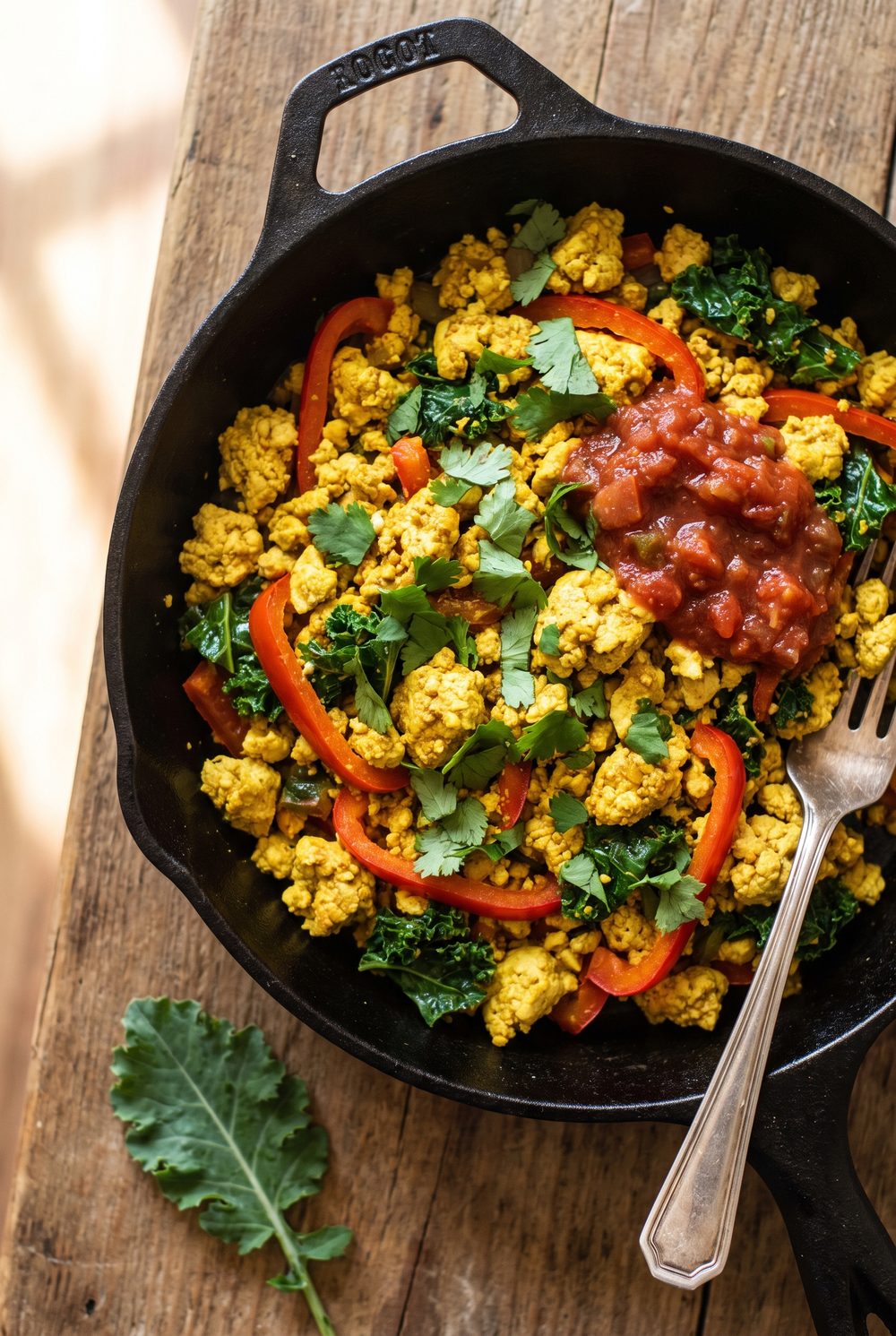 A cast iron skillet of crumbled golden tofu scramble with red bell pepper and dark kale, salsa spooned over one side, cilantro scattered on top, a fork resting in the pan, on a weathered wood surface.