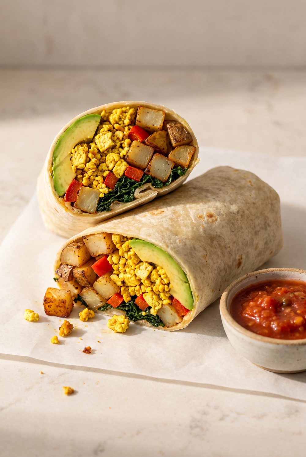 A halved breakfast burrito on parchment showing tofu scramble, roasted potato, red pepper and avocado inside, salsa in a small bowl beside it, on a pale stone counter.