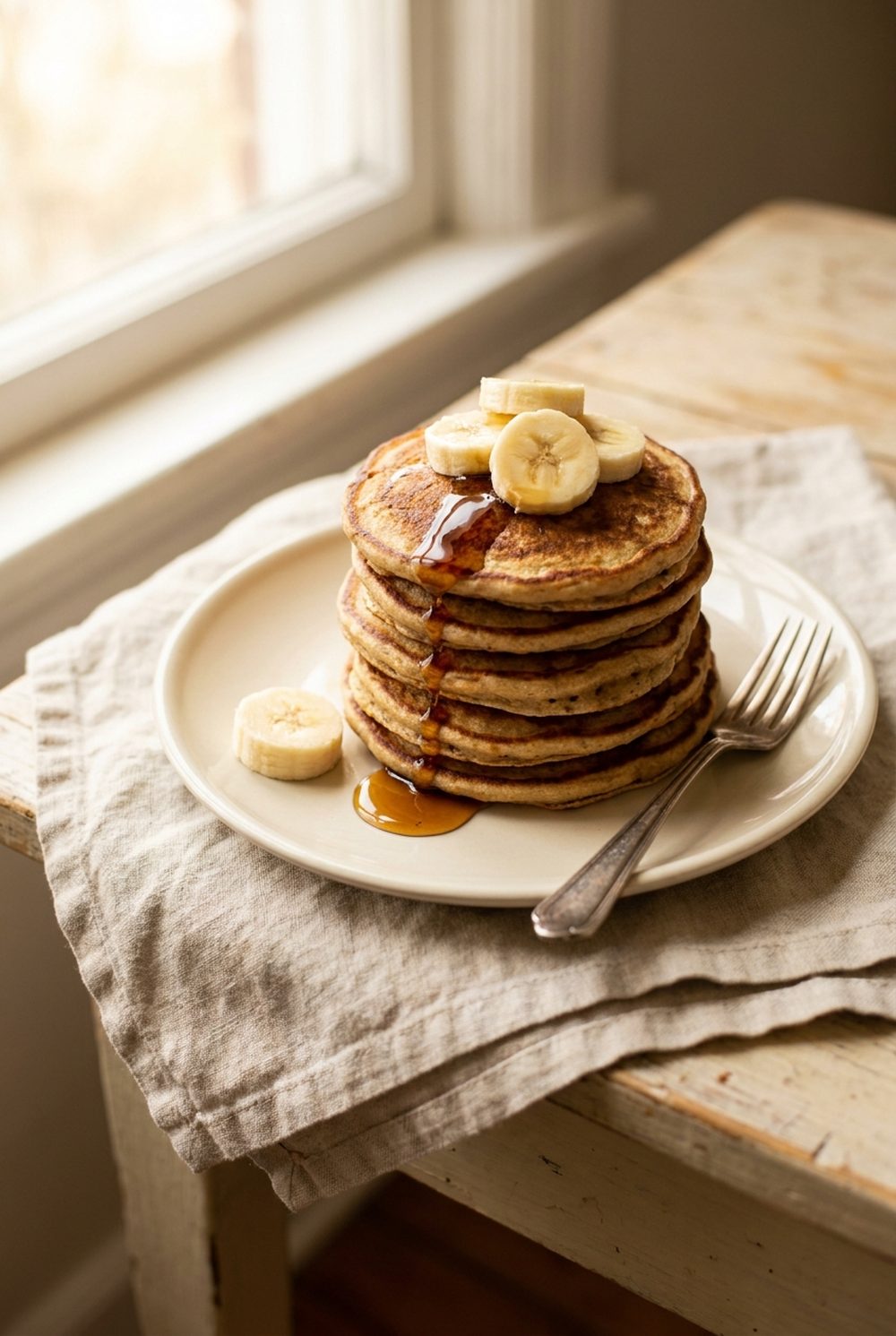 A stack of small golden banana pancakes on a pale ceramic plate, syrup running down the side, sliced banana on top, a fork resting on the plate on a linen cloth in morning light.