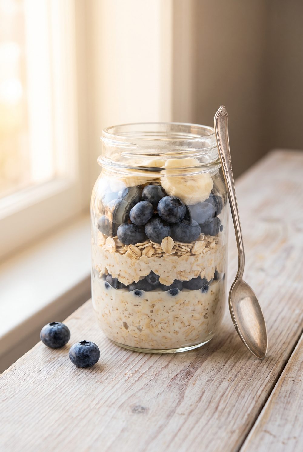 A glass jar of overnight oats on a pale wooden surface, creamy oats layered under fresh blueberries and sliced banana, a spoon resting against the jar, morning light from one side.
