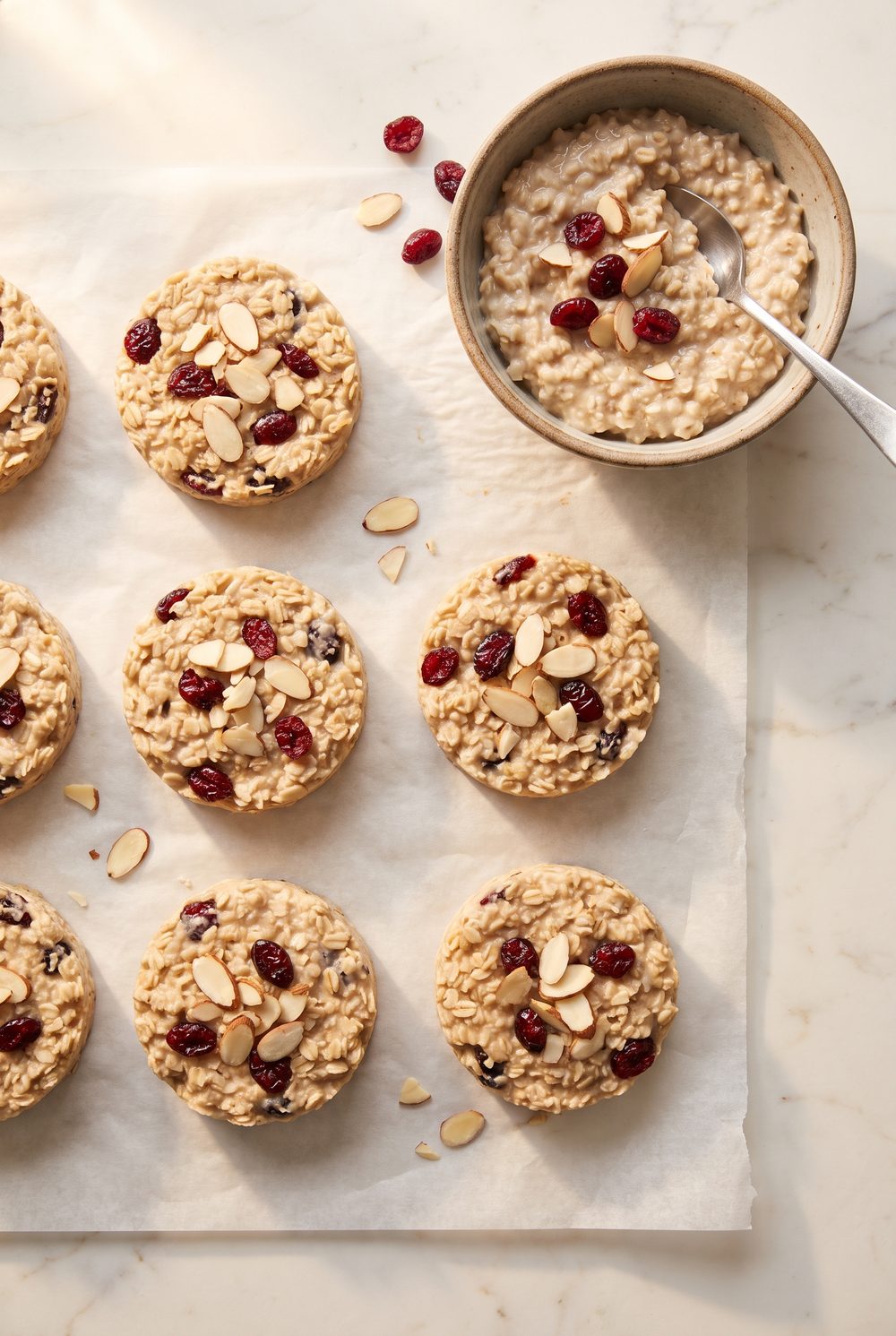 Portioned discs of cooked oatmeal with dried cranberries and sliced almonds on a sheet of parchment, one in a bowl behind with a spoon, on a pale marble counter.