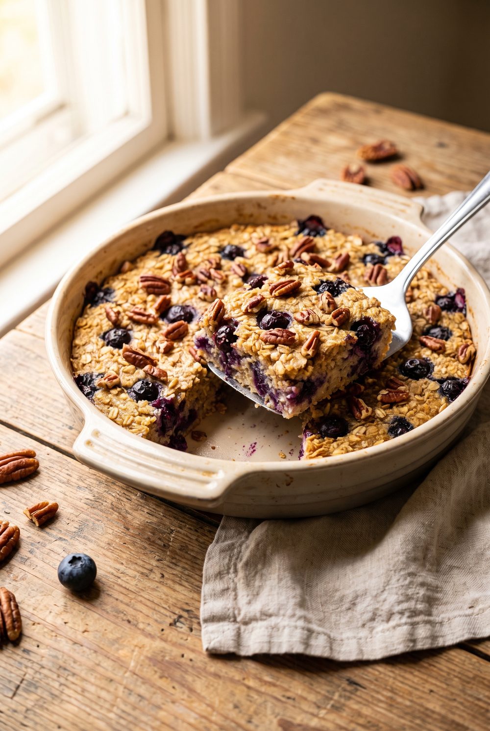 A square of baked oatmeal studded with blueberries lifted from a ceramic baking dish, pecans on top, golden and set, on a weathered wood table with a linen napkin.
