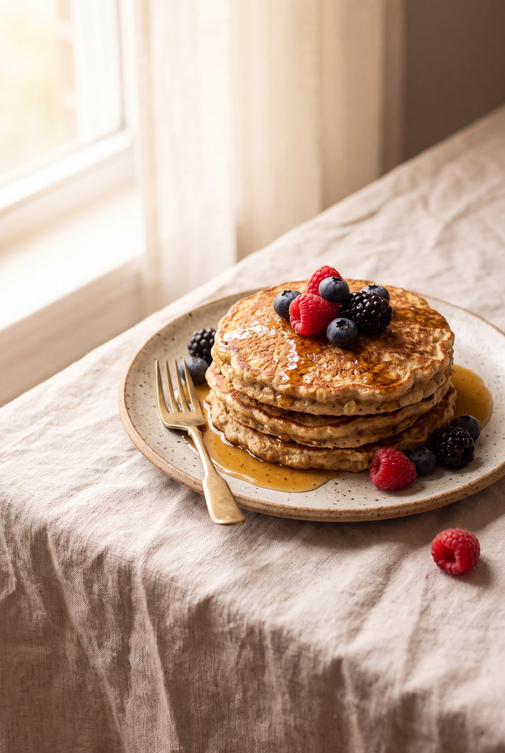 Three thick oatmeal pancakes stacked on a speckled ceramic plate, fresh berries scattered over the top and maple syrup running down the stack, on pale linen by a bright window.