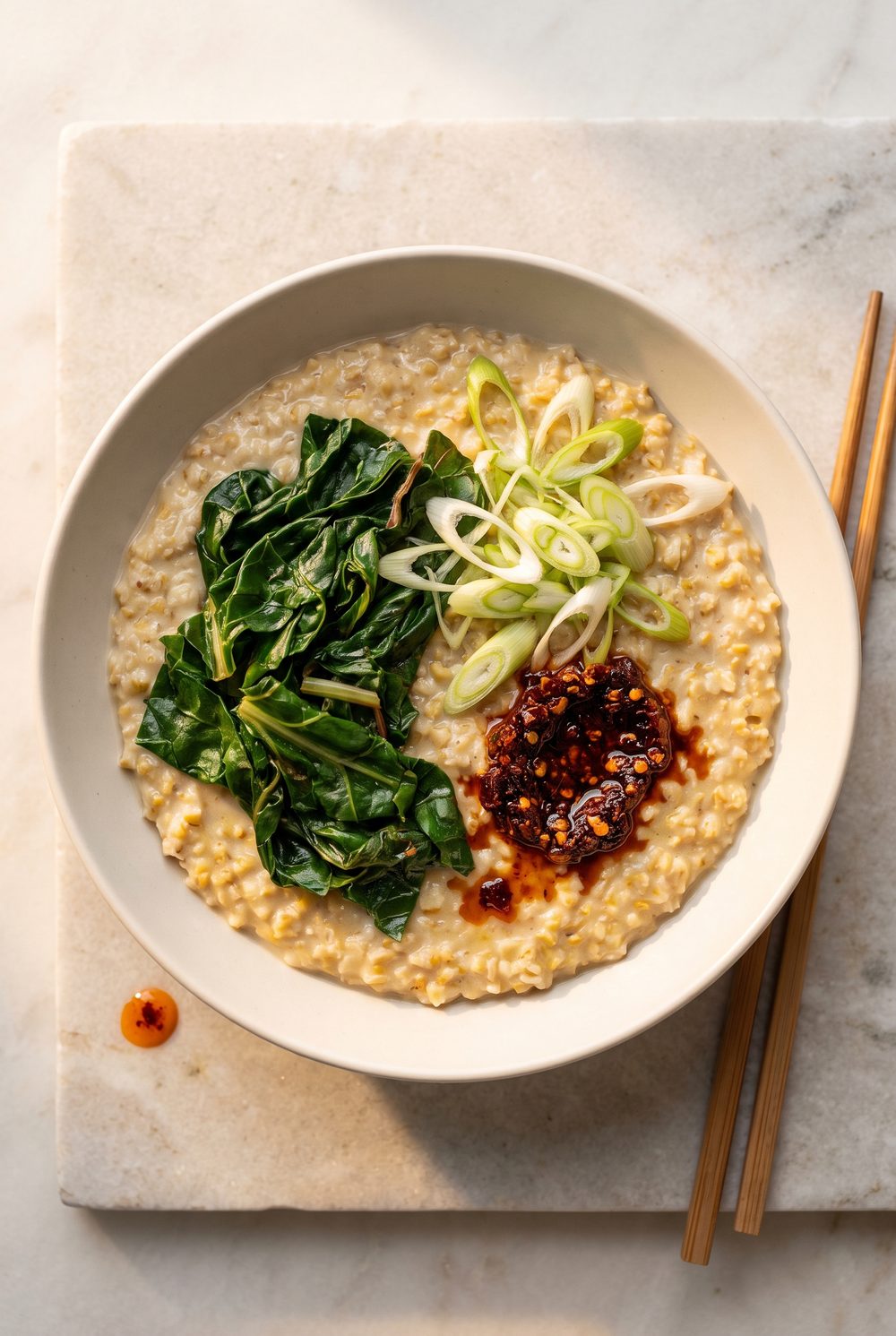 A wide shallow bowl of creamy savory steel-cut oatmeal topped with wilted Swiss chard, sliced scallions and a spoonful of dark red chili crisp, on a pale stone surface with chopsticks resting alongside.