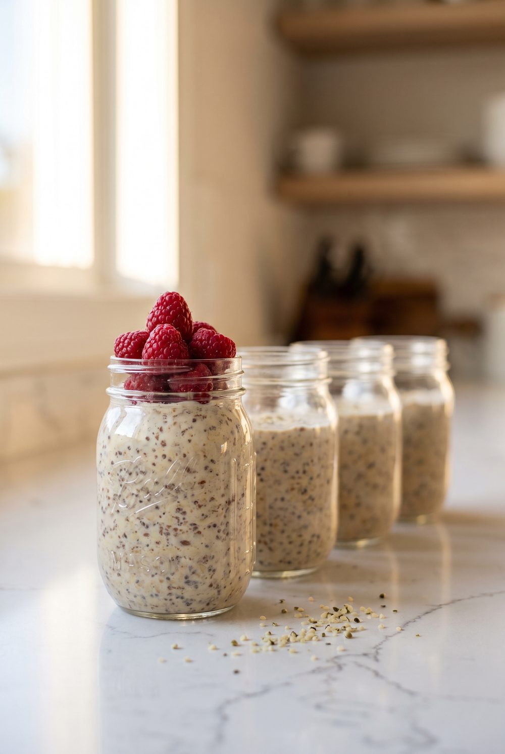 Four glass jars of seeded overnight oats in a row on a pale counter, visible flax, hemp and chia through the glass, one jar topped with fresh raspberries, soft side light.