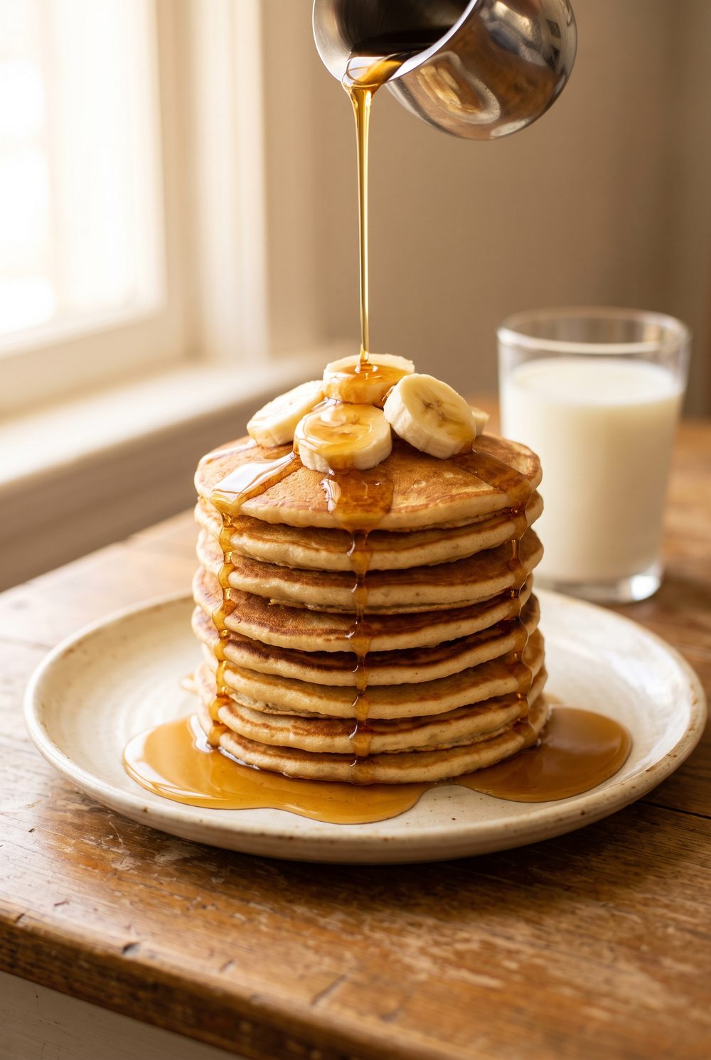 A tall stack of golden pancakes on a cream plate, sliced banana and a drizzle of maple syrup over the top, a glass of milk behind, on a warm wooden table in morning light.