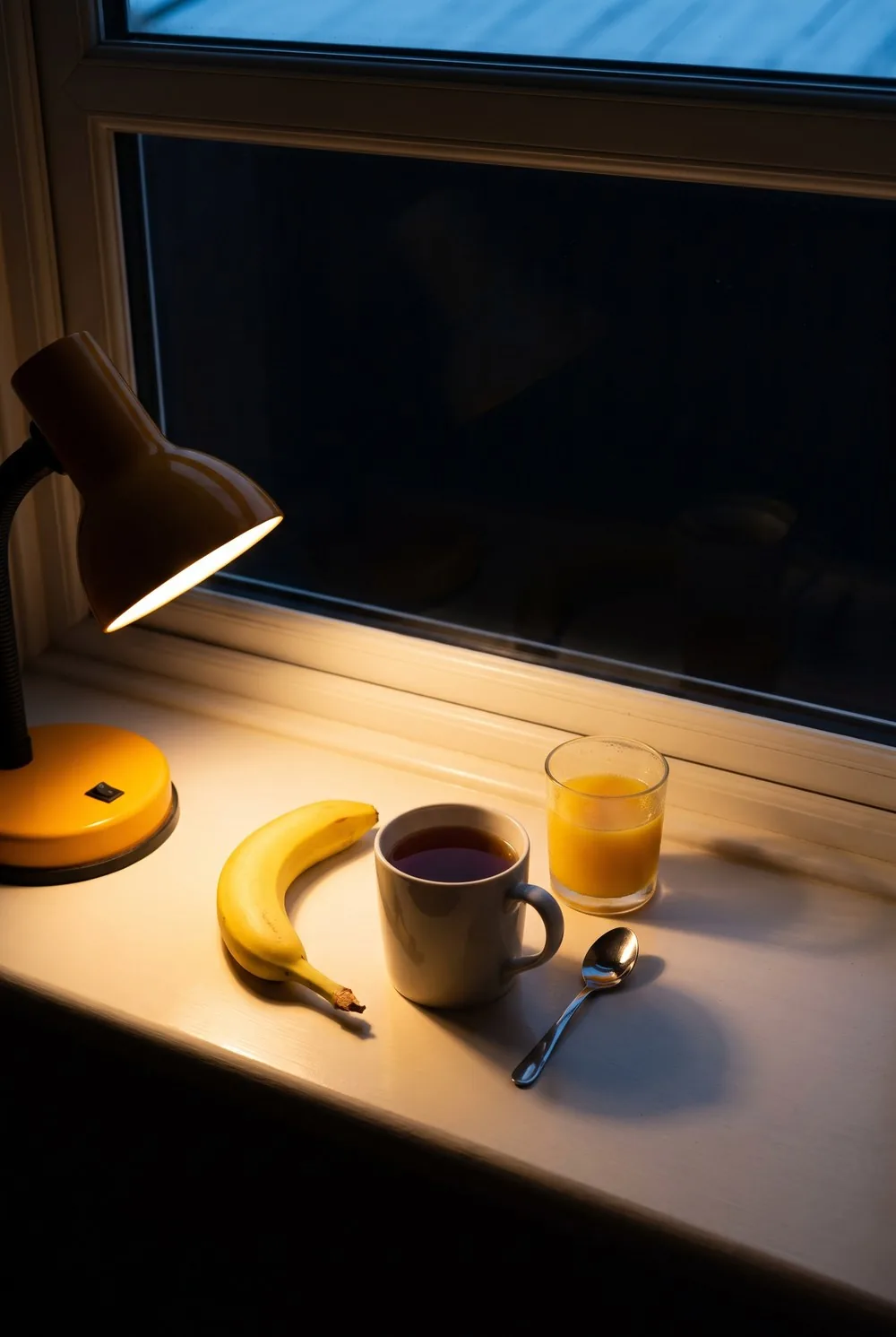 A window sill painted soft warm white before dawn, with a ceramic mug of tea, a whole banana, a small glass of orange juice and a teaspoon set straight onto the sill, lit by one hot lamp from the left, the window behind them deep black with the faintest cold blue along the top edge.