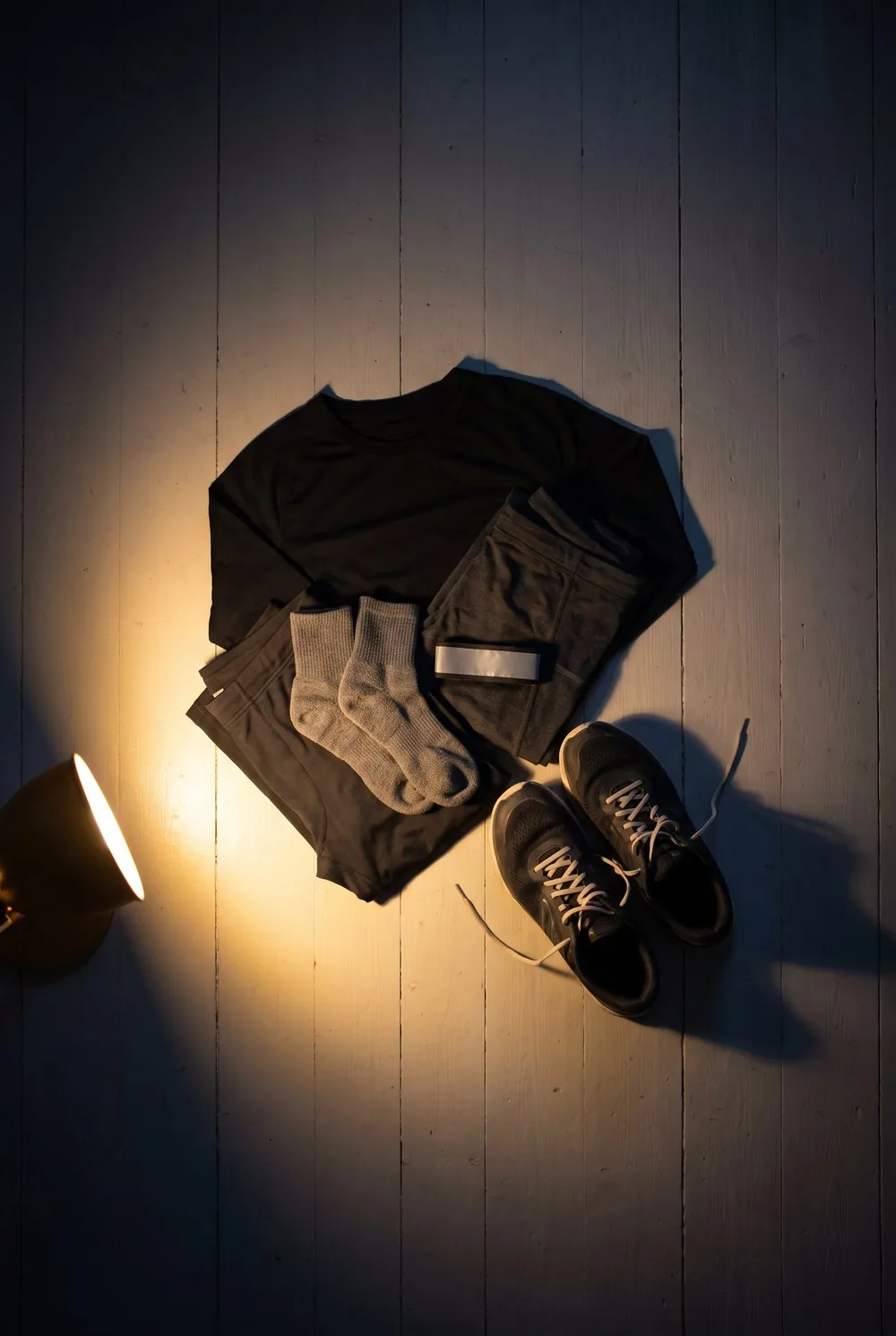 An overhead view of a runner's kit laid out in one neat pile on a pale wooden floor the night before an early run: folded tights, a long-sleeved top, socks on top, a plain reflective band, and running shoes beside the pile with the laces already loosened, lit by one warm lamp throwing long hard shadows into the dark.