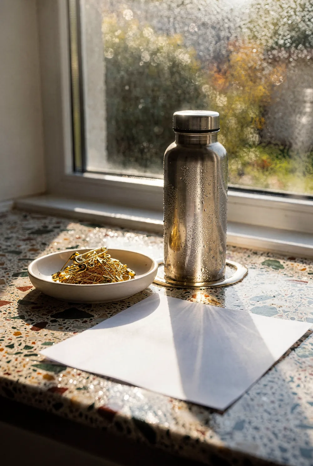 Low late-autumn sun pouring through a frosty window onto a polished cream terrazzo console, backlighting a stainless steel water bottle beaded with condensation and standing in a thin ring of water, a shallow cream dish heaped with gold safety pins, and a blank white sheet for a race bib, long shadows running toward the camera.