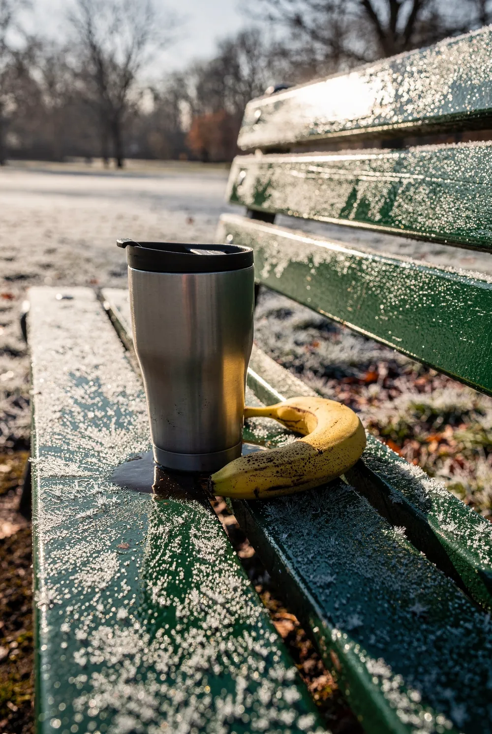 A stainless steel travel mug and a whole banana on a frosted park bench of forest green painted slats, the frost melted into a dark wet ring around the base of the mug, low sun behind them lighting up the frost, with a frosted lawn and bare trees falling out of focus.