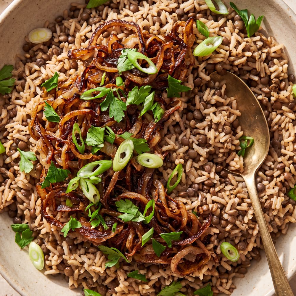 Overhead view of a wide oat-colored stoneware bowl filled with brown rice and lentils, topped with a tangle of dark caramelized onions, scattered with sliced green onion and parsley, a brass spoon resting in the bowl on an unpolished travertine surface.