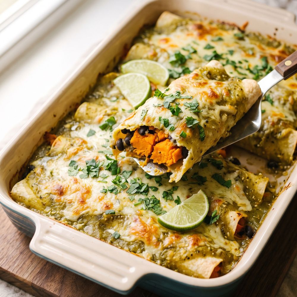 Sweet potato and black bean enchiladas in a rectangular ceramic baking dish, rolled tortillas under bubbling green salsa verde and browned melted cheese, one enchilada lifted on a spatula showing orange sweet potato filling, cilantro and lime wedges on top.
