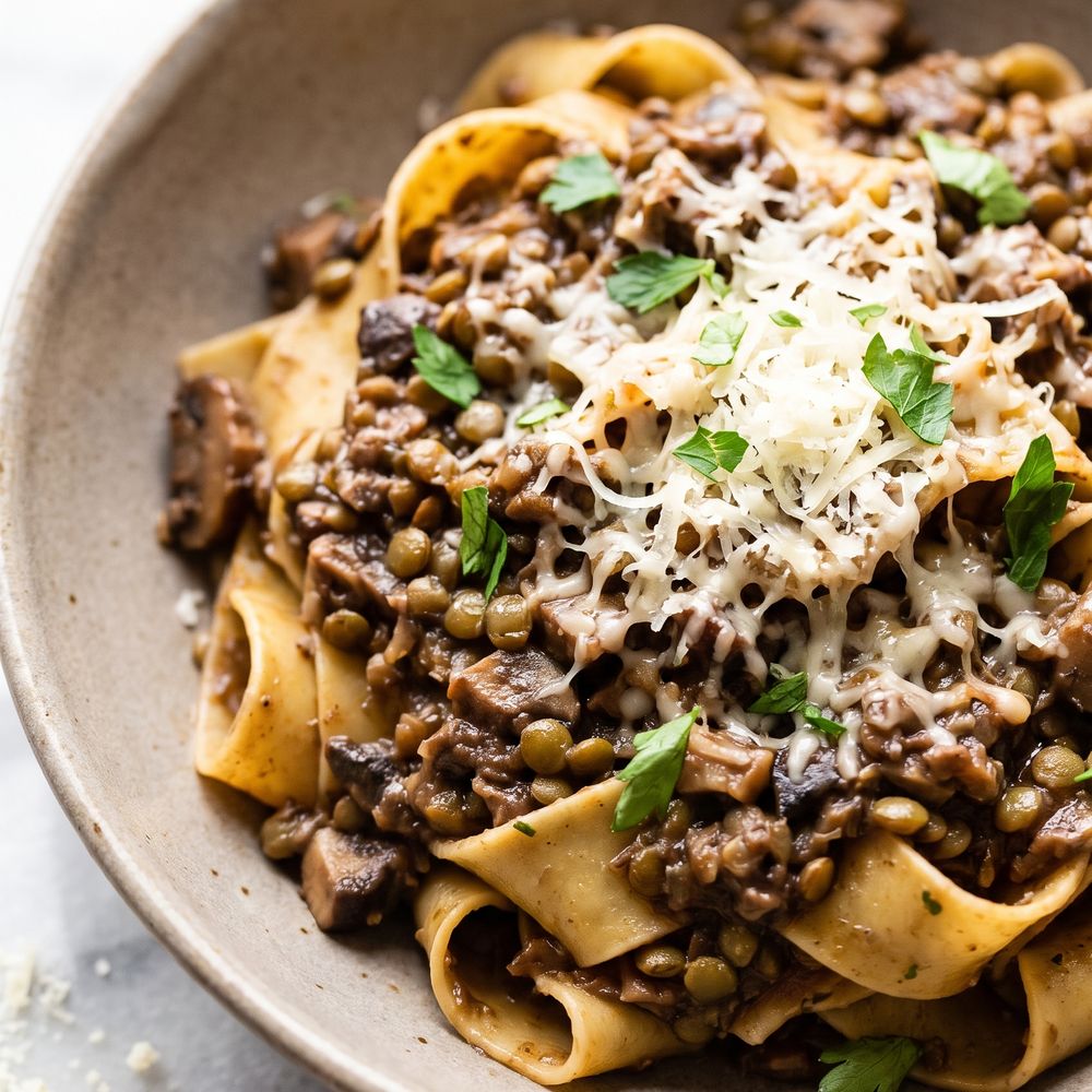 A close view of wide pappardelle ribbons in a dark lentil and mushroom ragu, chopped cremini mushrooms and whole green lentils visible through the sauce, a loose pile of grated parmesan melting on top with torn parsley, in a warm grey stoneware bowl on white marble.