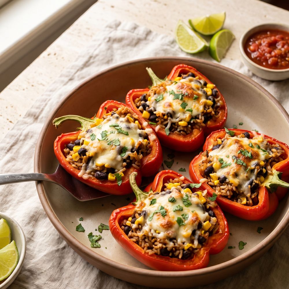 Four halved red bell peppers stuffed with brown rice, black beans and corn under browned melted cheese and chopped cilantro, arranged on a round stoneware plate with a spatula under one of them, lime wedges and a small bowl of red salsa beside it on linen and travertine.