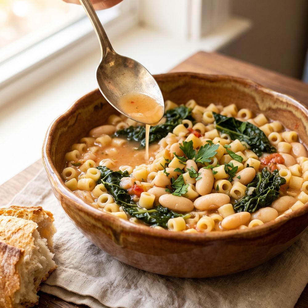 A rustic brown-glazed stoneware bowl of pasta e fagioli filled to the rim with small ditalini pasta, whole white cannellini beans and dark Tuscan kale in a tomato-flecked broth, chopped parsley on top, a hand holding a vintage silver spoon above it with broth dripping back into the bowl, torn crusty bread and crumbs on rumpled linen over a walnut table.