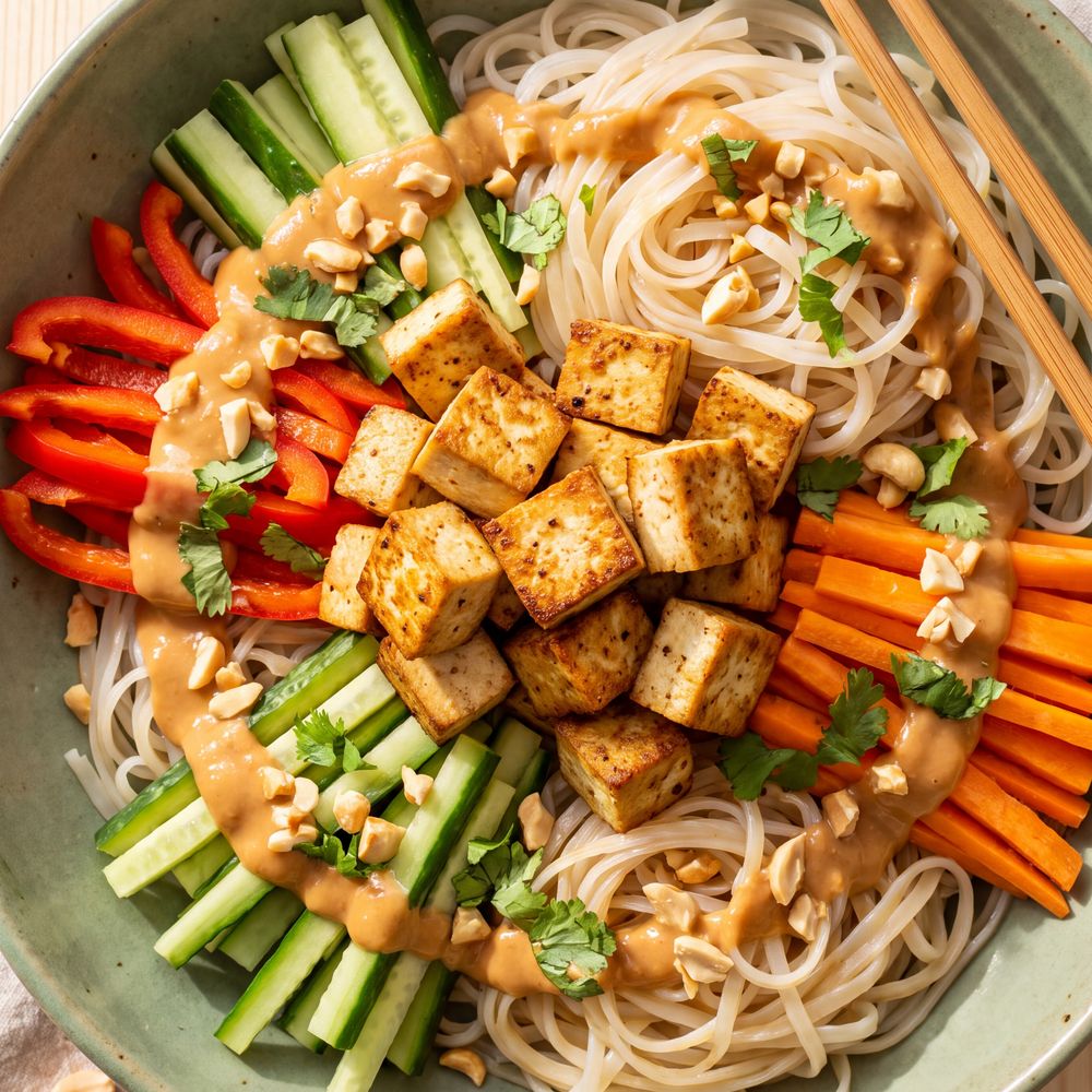 A sage stoneware bowl of rice noodles twirled into a nest, topped with crisp golden-brown cubes of tofu, matchsticks of red pepper, cucumber and carrot fanned around, peanut sauce drizzled across, chopped peanuts and cilantro scattered, chopsticks on the rim.