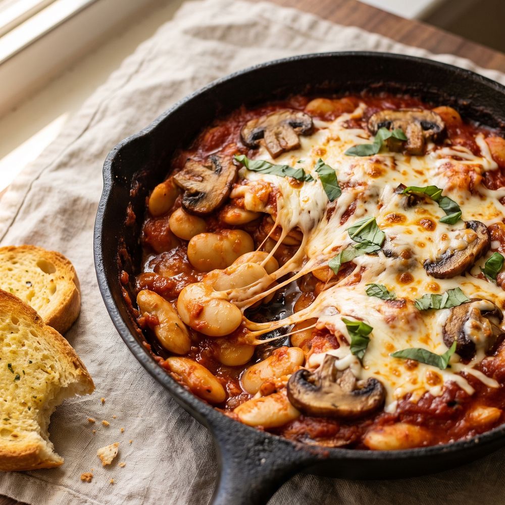 A small cast iron skillet of creamy butter beans and sliced browned mushrooms in red marinara, molten mozzarella pulled across the surface and blistering, torn basil on top, two thick slices of garlic bread on linen beside it, oiled walnut board.