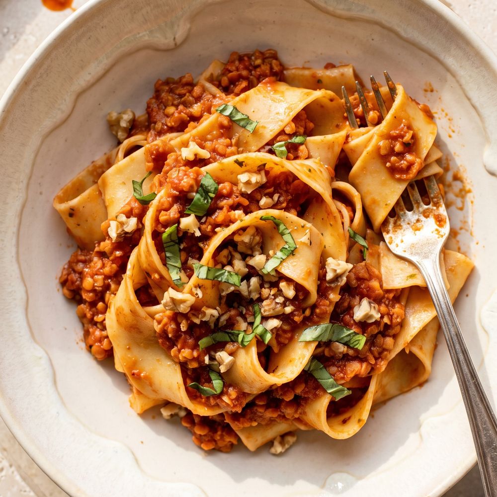 Overhead view of wide pappardelle ribbons coated in a thick red lentil bolognese, glossy and clinging, twirled into a generous mound filling a warm white stoneware bowl to the irregular rim, chopped basil and crushed walnuts on top, vintage fork resting in it.