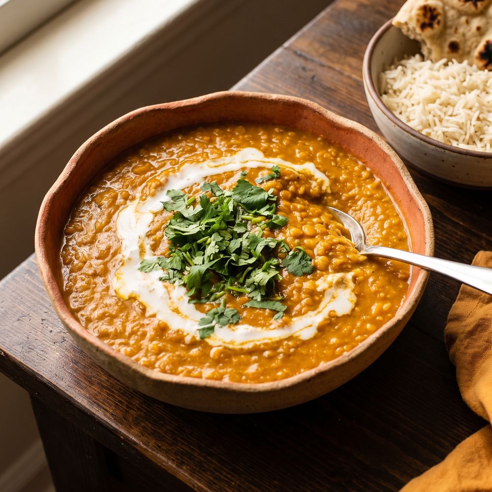 A terracotta stoneware bowl of thick deep orange-gold red lentil curry finished with a swirl of coconut milk and a heap of chopped cilantro, a silver spoon resting in it, a bowl of basmati rice and torn charred naan behind it on a dark wood table with a mustard linen napkin.