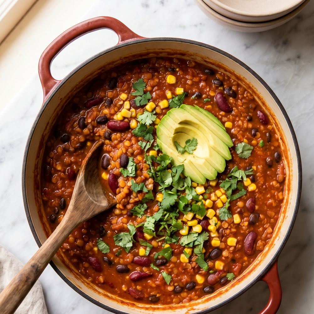 Overhead view of a thick red lentil and bean chili in a large enameled dutch oven filling the frame, kidney beans and black beans visible through the sauce with corn scattered through, cilantro and sliced avocado on top, wooden spoon resting in the pot.