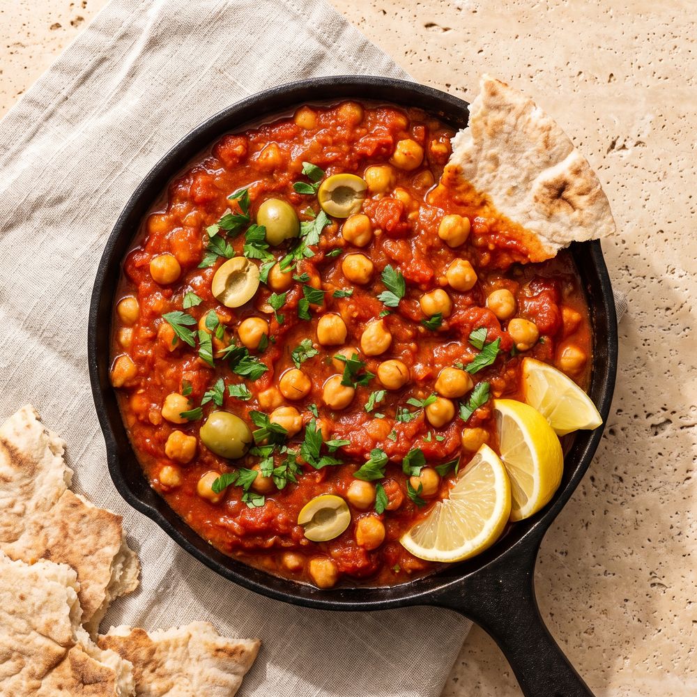 Overhead view of a small cast iron skillet of chickpea shakshuka, thick spiced red tomato sauce with whole chickpeas nestled through it and no eggs, scattered with parsley and halved green olives, lemon wedges and torn flatbread on linen beside the pan.