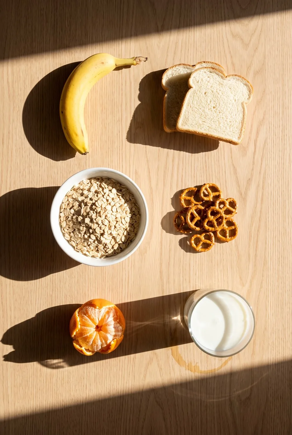 An overhead view of a pale oak counter in hard morning sun with six single servings spaced apart on the bare wood: a banana, two slices of white toast, a bowl of oats, a handful of pretzels, a peeled clementine and a full glass of milk, long shadows cutting across the counter between bright bars of light.