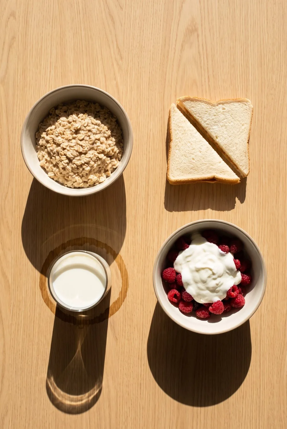 An overhead view of a pale oak counter in hard morning sun with a bowl of oatmeal heaped above the rim, a peanut butter sandwich cut into two triangles, a bowl of thick yogurt piled with berries and a full glass of milk, each casting a long sharp shadow across the wood.